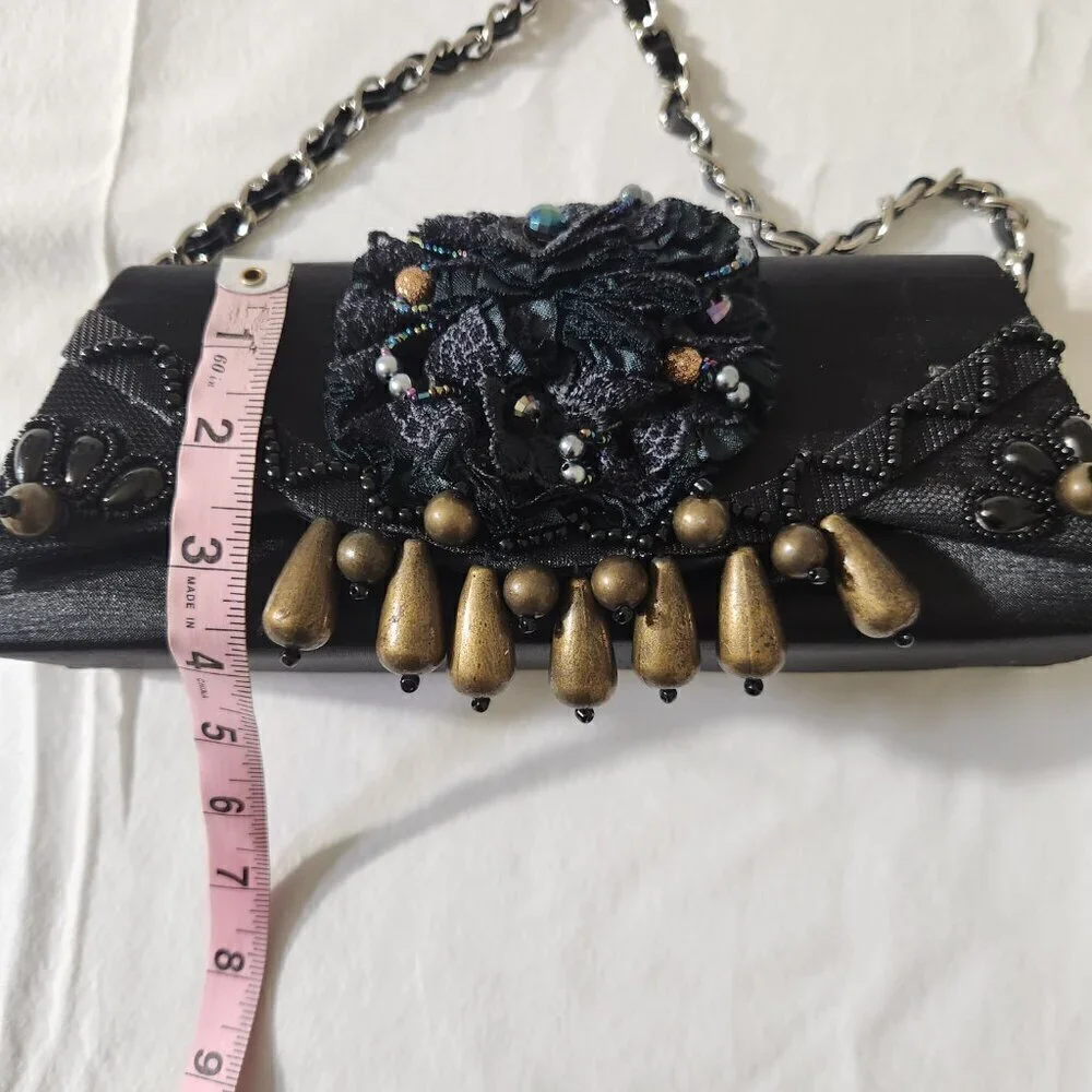 Women Vintage Small Black Satin Beaded Evening Shoulder Clutch Bag Formal Party